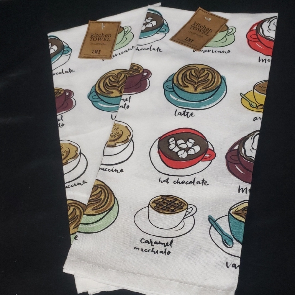 Design Imports NWT 100% Cotton Kitchen Towel Set/2 with Coffee Design